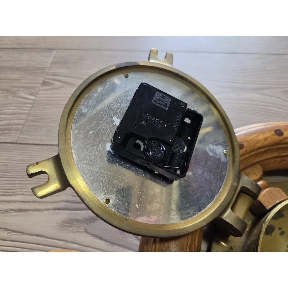 Vintage Brass & Wood Clock Ship's Time Walnut Wheel 18